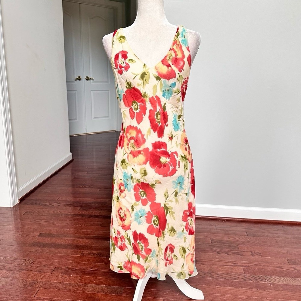 Ann Taylor Loft 100% Silk Floral Flowey Plunge Cocktail Summer Dress Size 10